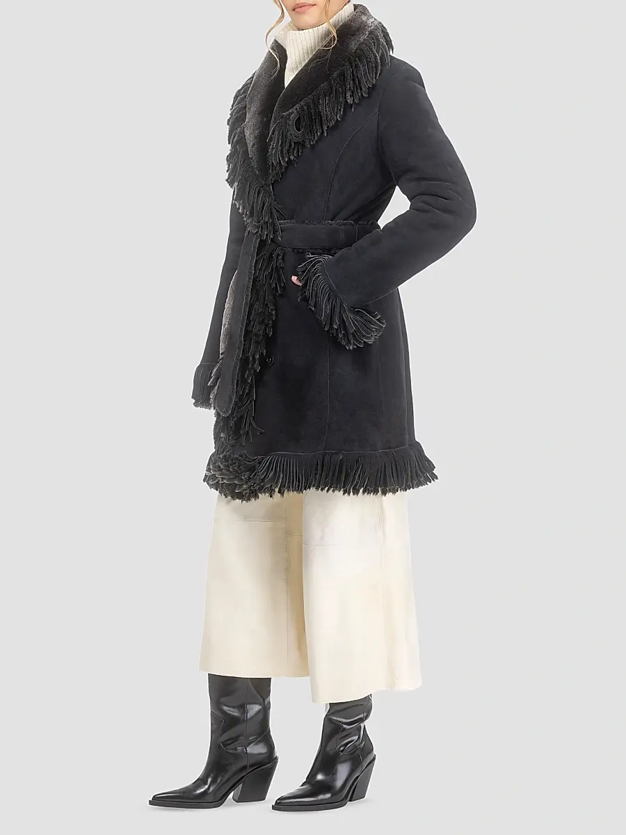 Gorski Women's Merino Shearling Lamb Stroller with Fringes - Black Brisa | Thumbnail 6