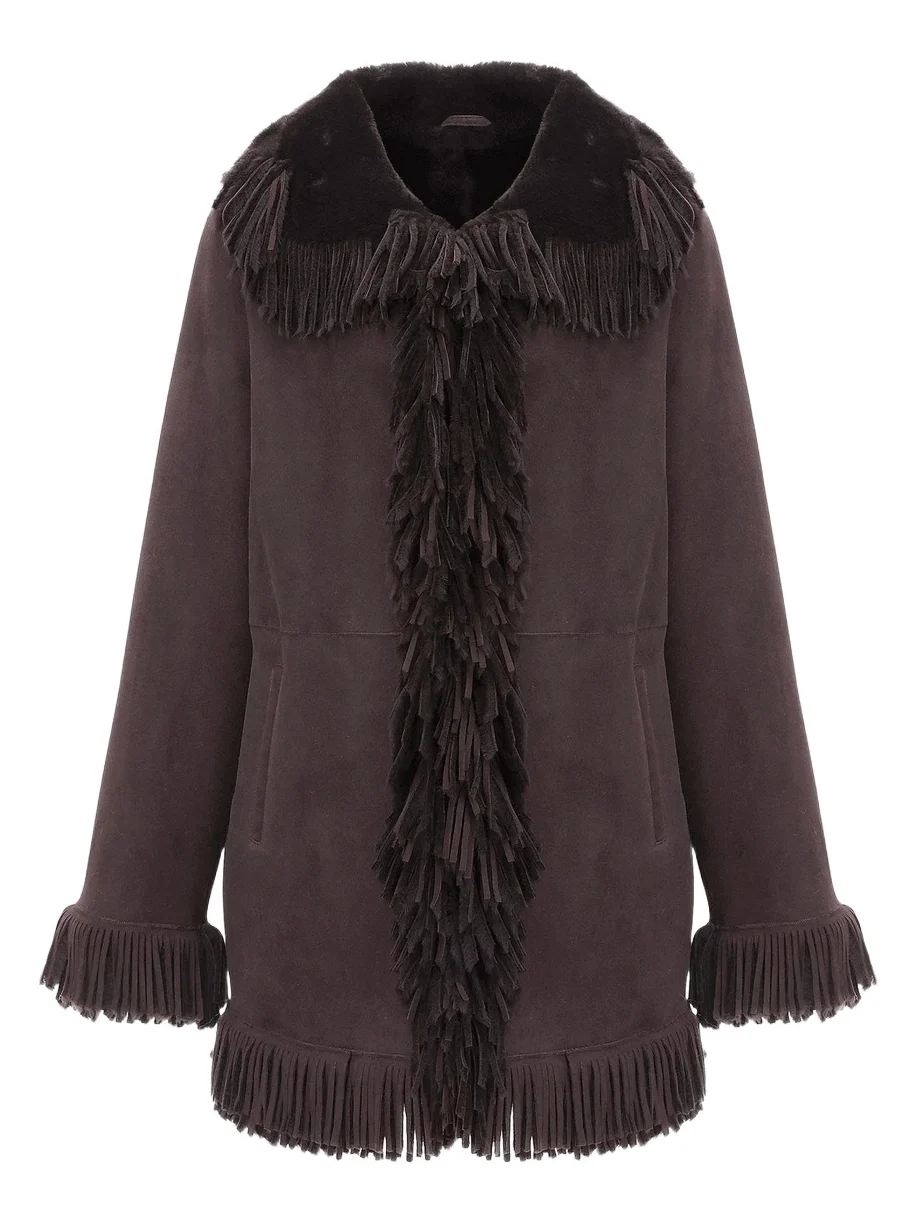 Women's Merino Shearling Lamb Jacket with Fringes - Dark Brown Women's Merino Shearling Lamb Jacket with Fringes - Dark Brown