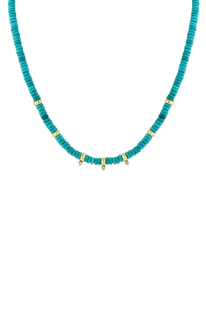 3 Prong Diamond Turquoise Rondelle Bead Necklace 3 Prong Diamond Turquoise Rondelle Bead Necklace