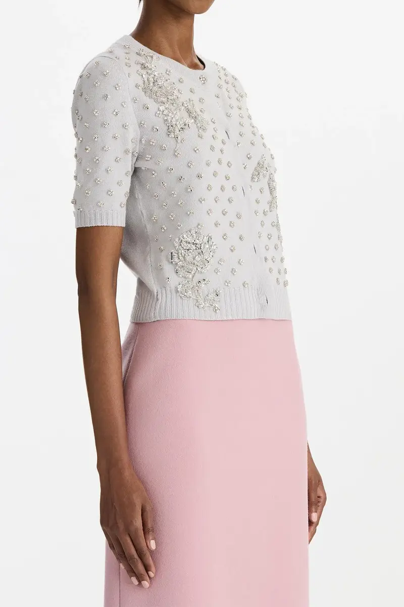Oscar de la Renta Crystal Floral Elbow Sleeve Cardigan | Thumbnail 2 Oscar de la Renta Crystal Floral Elbow Sleeve Cardigan | Thumbnail 2