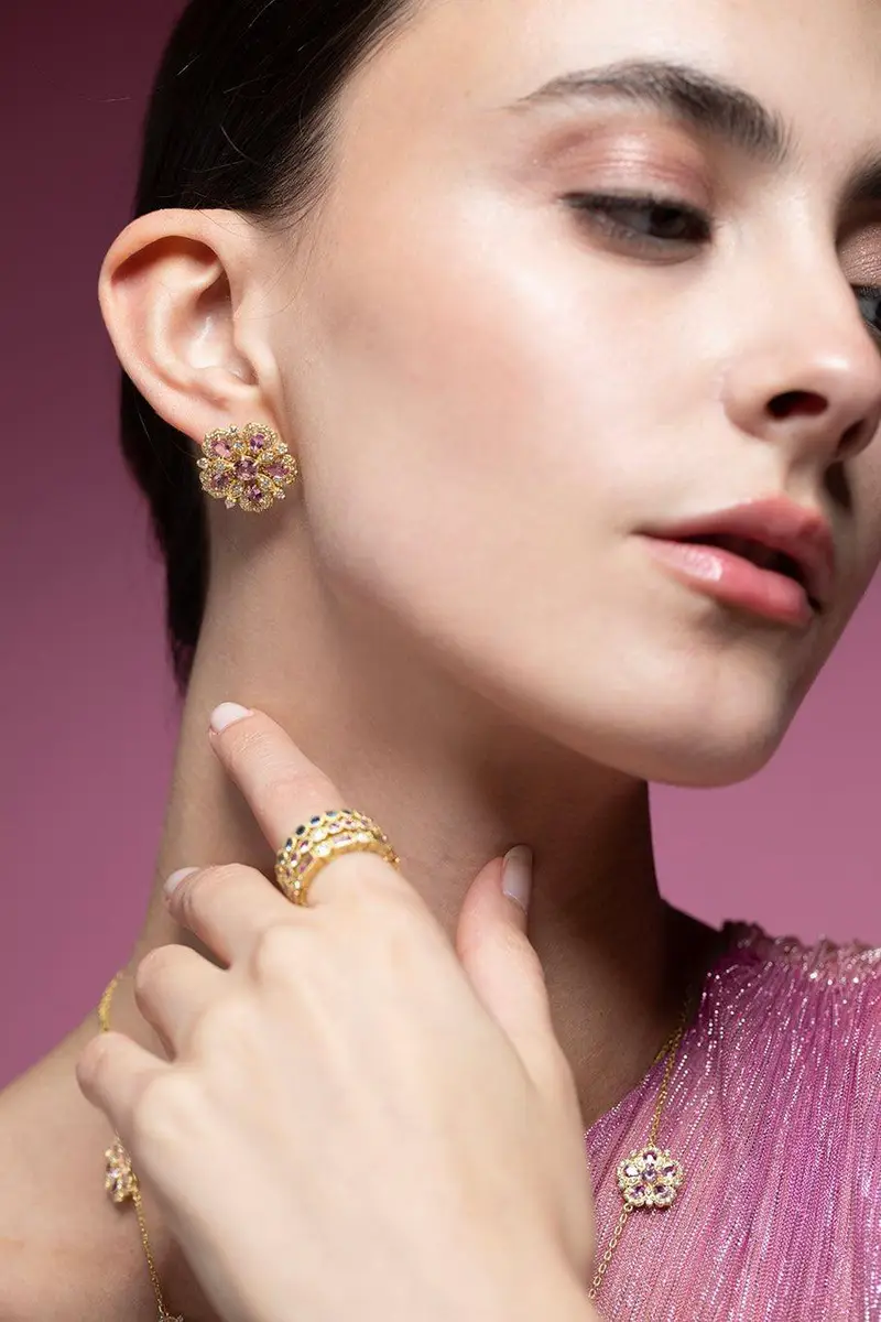 TANYA FARAH Jasmine Bloom Pink Sapphire & Diamond Flower Stud Earrings | Thumbnail 2 TANYA FARAH Jasmine Bloom Pink Sapphire & Diamond Flower Stud Earrings | Thumbnail 2