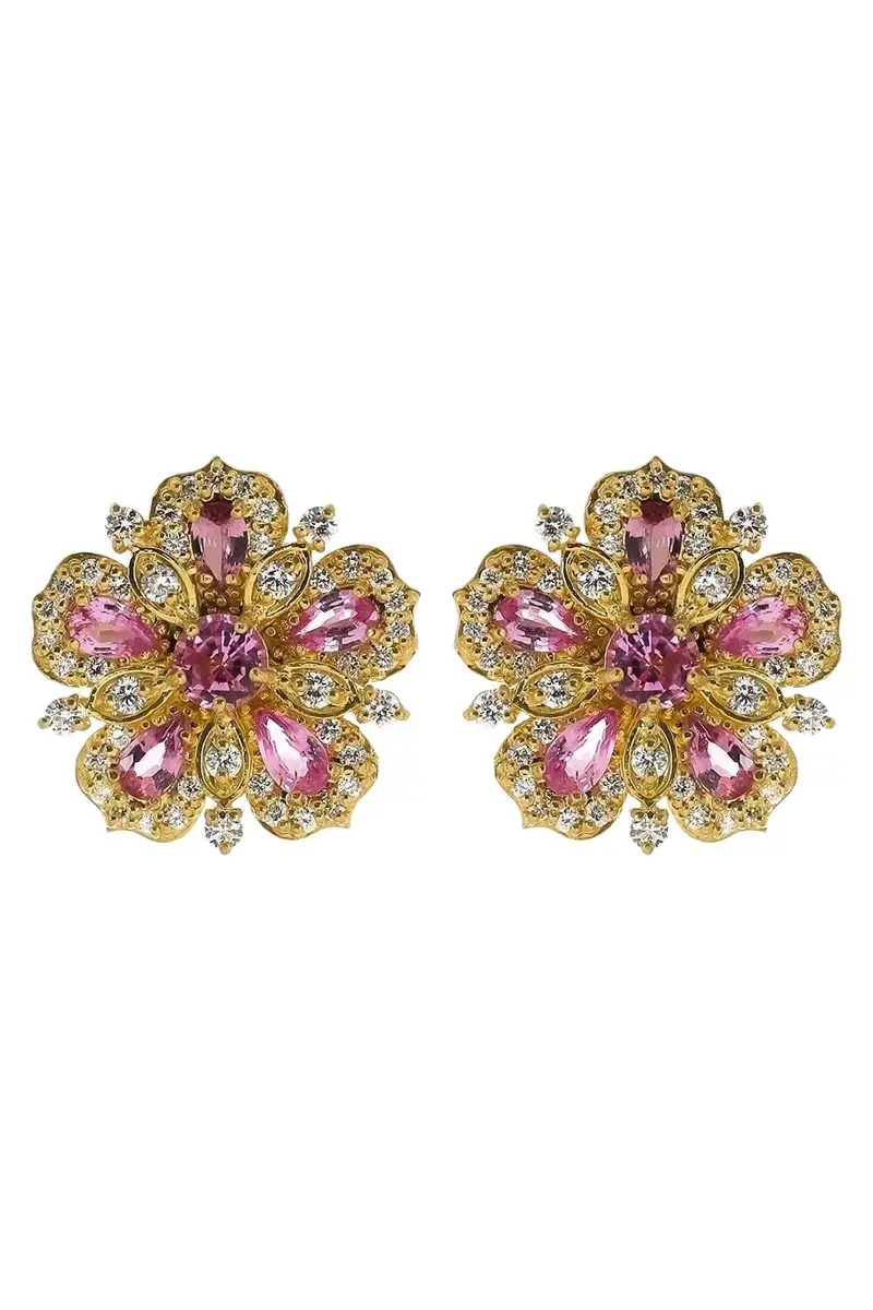 TANYA FARAH Jasmine Bloom Pink Sapphire & Diamond Flower Stud Earrings