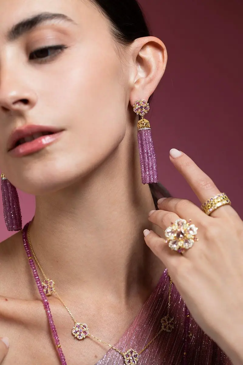 TANYA FARAH Jasmine Bloom Pink Sapphire & Diamond Tassel Earrings | Thumbnail 2