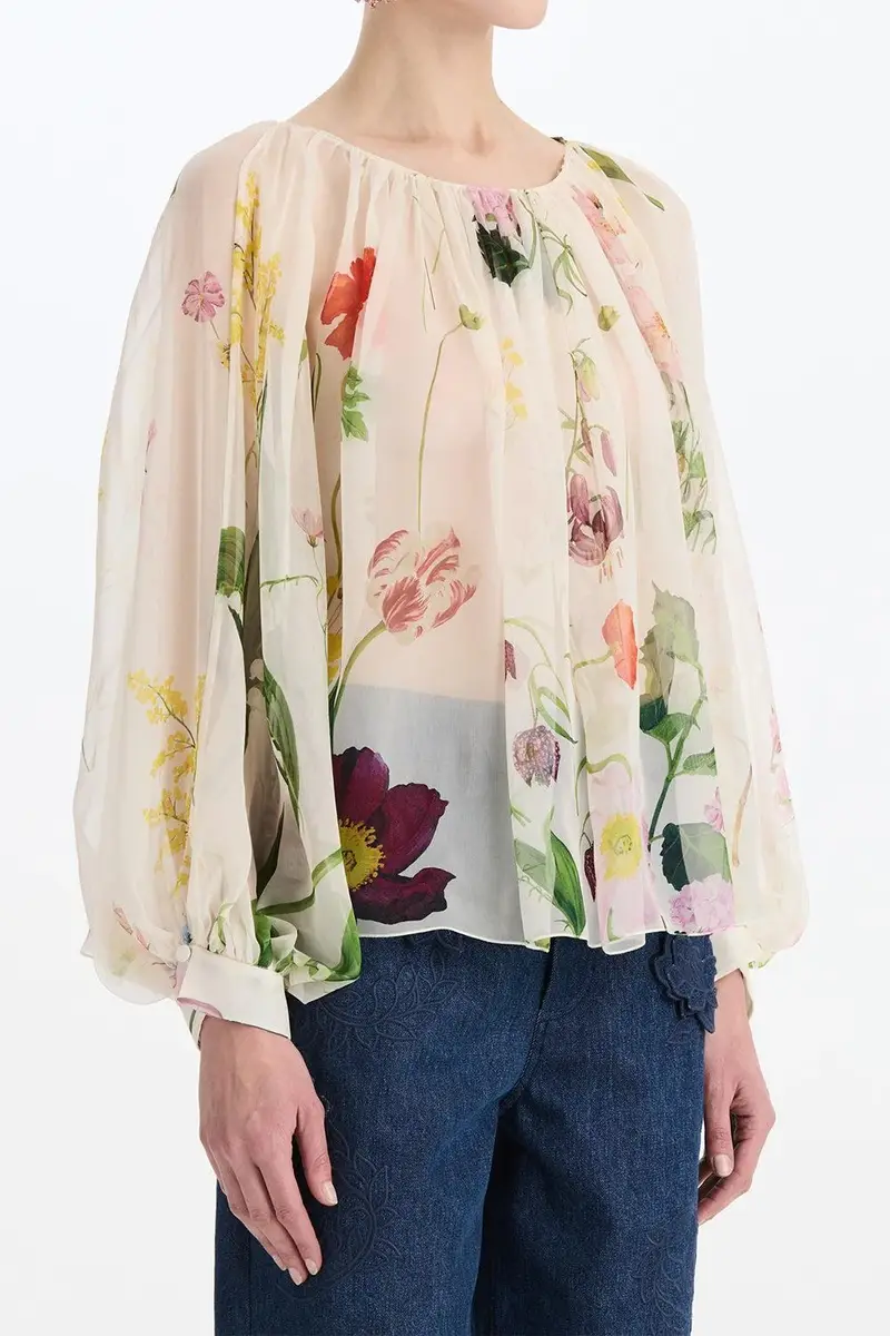Oscar de la Renta Mixed Botanical Long Sleeve Blouse | Thumbnail 3 Oscar de la Renta Mixed Botanical Long Sleeve Blouse | Thumbnail 3