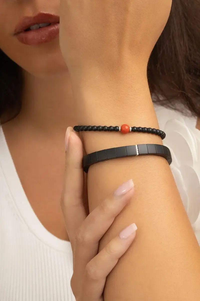 ROBERTO DEMEGLIO One Diamond Square Matte Black Scacco Stretch Bracelet | Thumbnail 2 ROBERTO DEMEGLIO One Diamond Square Matte Black Scacco Stretch Bracelet | Thumbnail 2