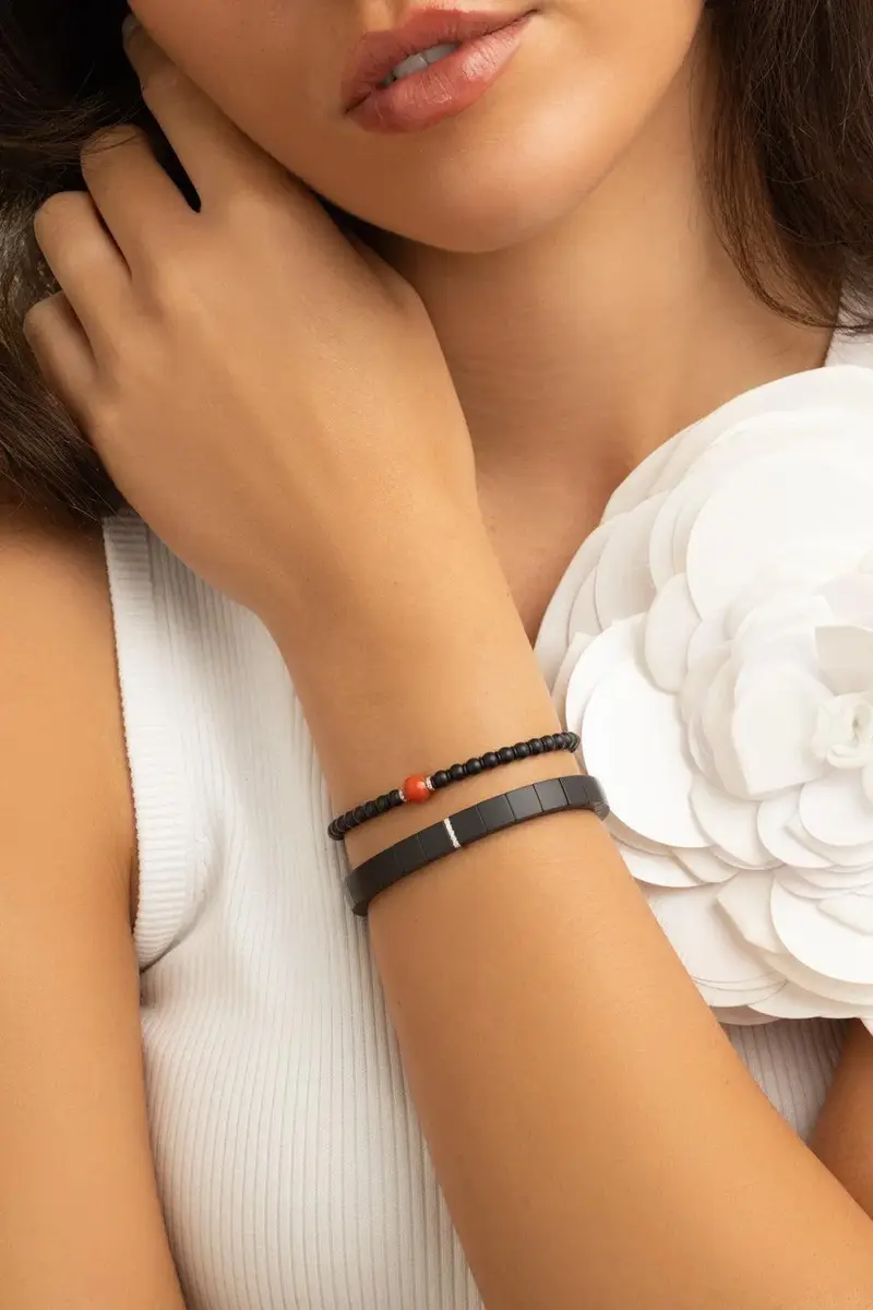 ROBERTO DEMEGLIO One Diamond Square Matte Black Scacco Stretch Bracelet | Thumbnail 3 ROBERTO DEMEGLIO One Diamond Square Matte Black Scacco Stretch Bracelet | Thumbnail 3