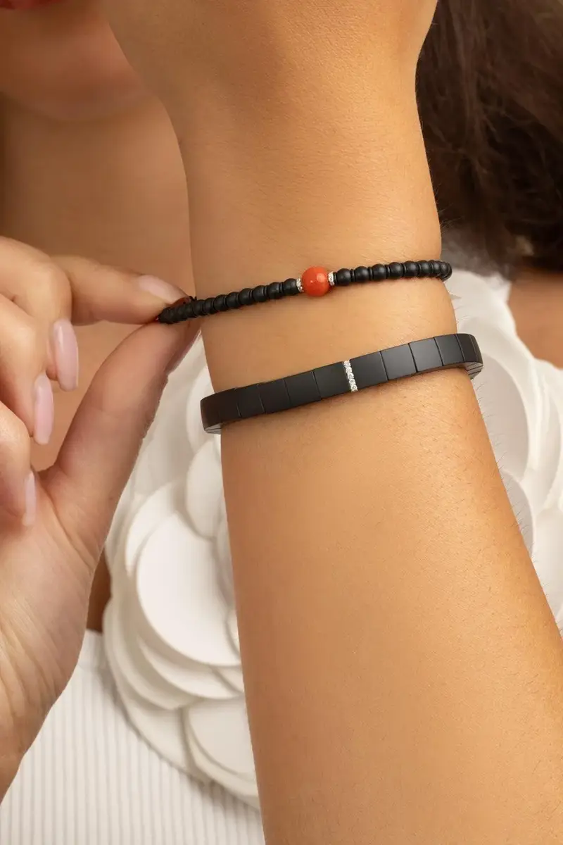 ROBERTO DEMEGLIO One Diamond Square Matte Black Scacco Stretch Bracelet | Thumbnail 4 ROBERTO DEMEGLIO One Diamond Square Matte Black Scacco Stretch Bracelet | Thumbnail 4