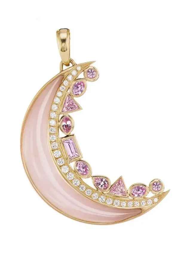 Pink Opal Pink Sapphire Crescent Moon Inlay Pendant
