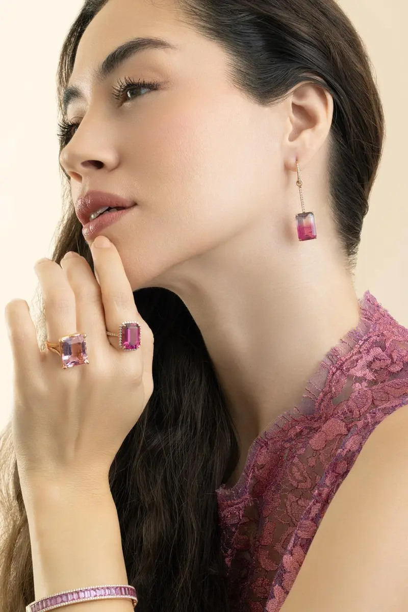 LISA NIK Watermelon Tourmaline Diamond Drop Earrings | Thumbnail 3