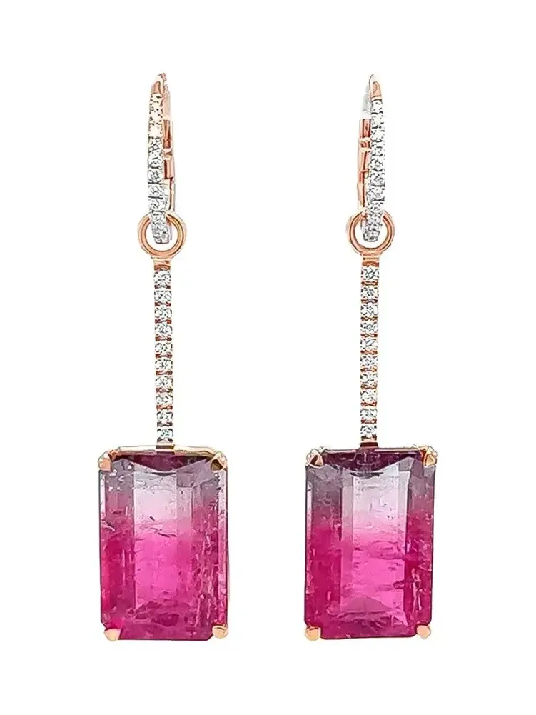 LISA NIK Watermelon Tourmaline Diamond Drop Earrings