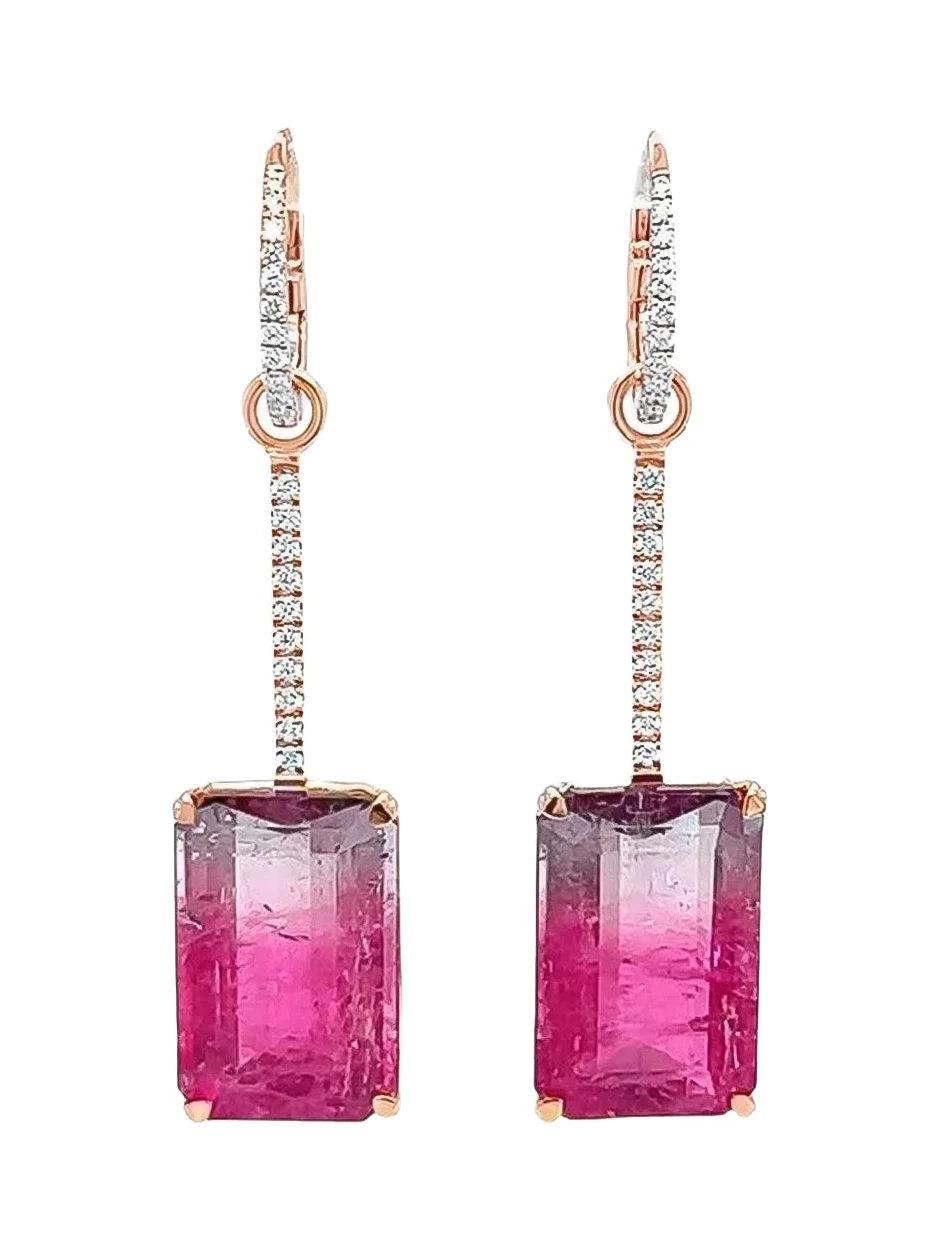 Watermelon Tourmaline Diamond Drop Earrings