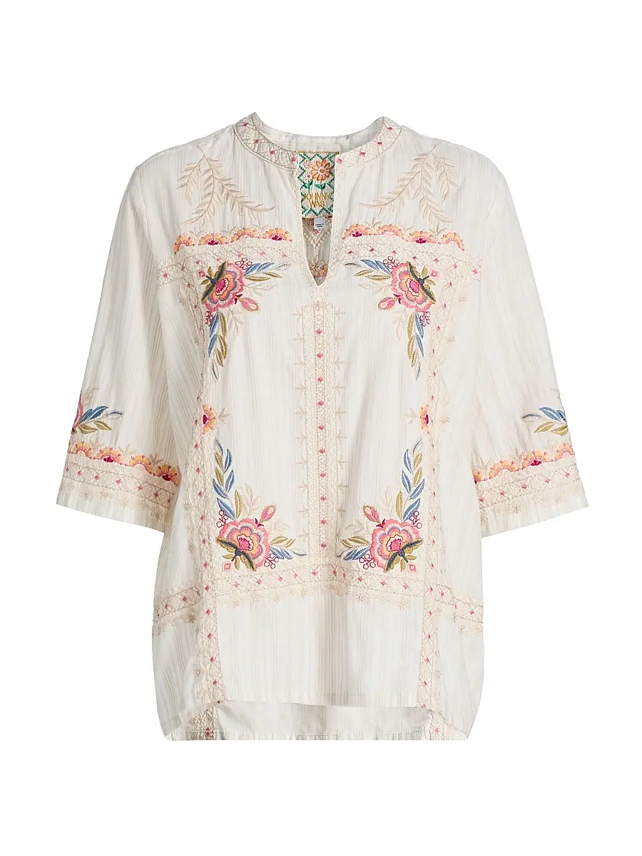 Johnny Was Women's Easy Embroidered V-Neck Top - Nora Stripe | Image 1 Johnny Was Women's Easy Embroidered V-Neck Top - Nora Stripe | Image 1