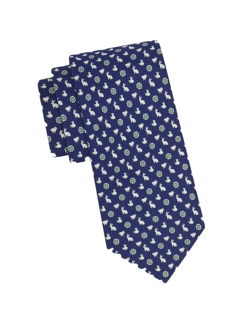Men's Bunny and Chick Charm-Print Silk Tie