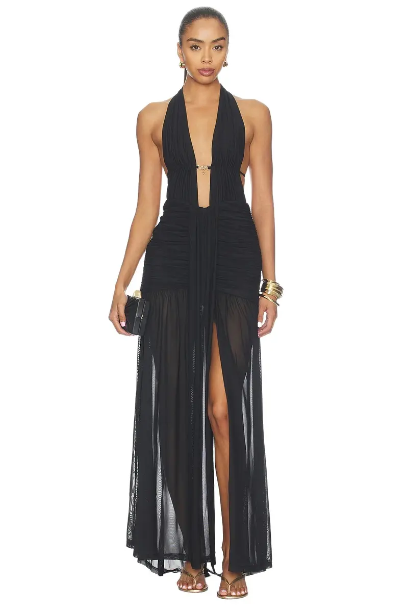 Adrianna Plunge Ruched Maxi Dress