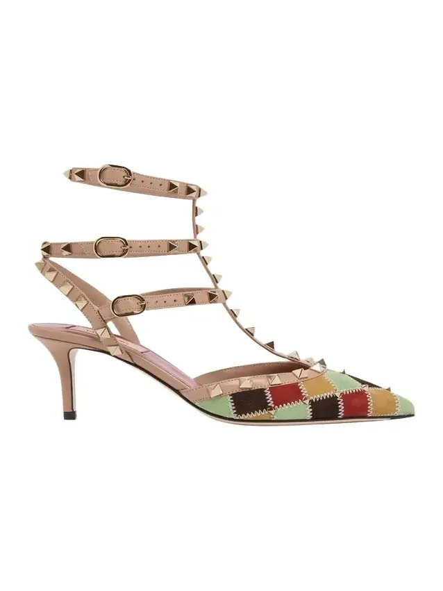 Valentino Garavani 100mm Rockstud Patchwork Suede Ankle-Strap Pumps