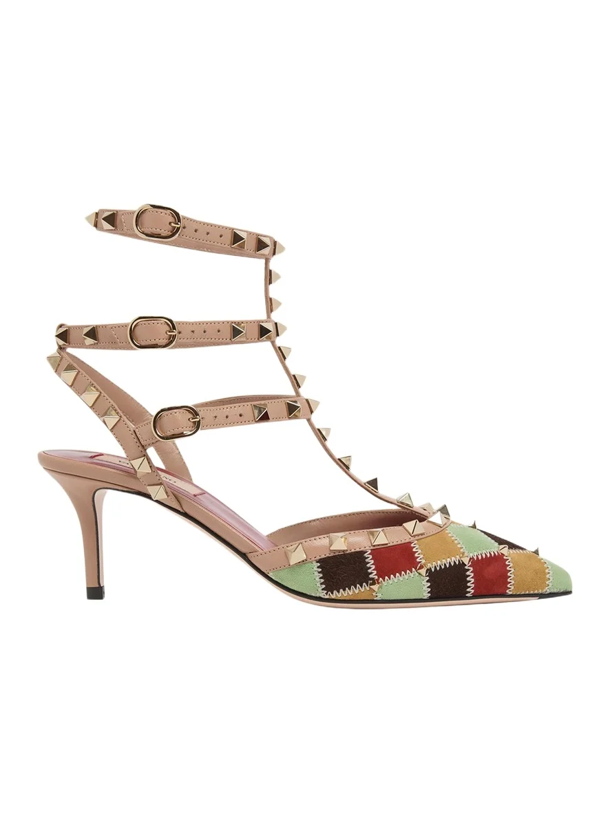 100mm Rockstud Patchwork Suede Ankle-Strap Pumps 100mm Rockstud Patchwork Suede Ankle-Strap Pumps