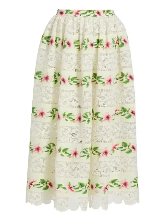 Chine Hibiscus Striped Lace-Inset Midi Skirt Chine Hibiscus Striped Lace-Inset Midi Skirt