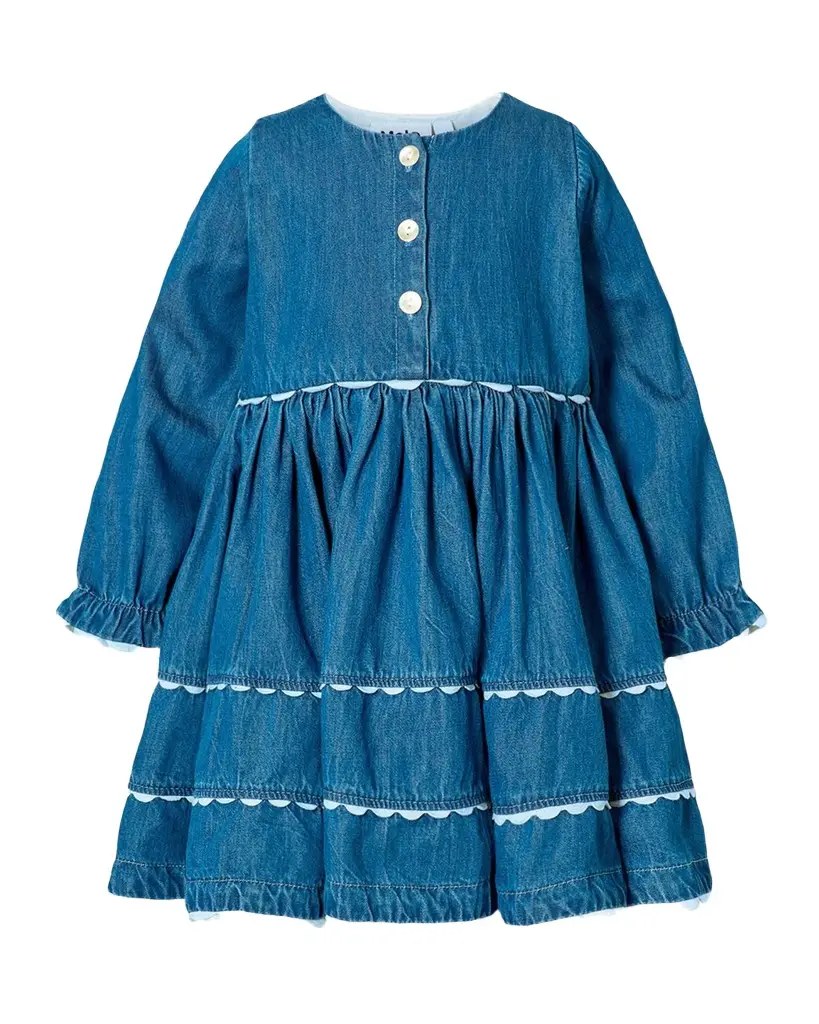Molo Girl's Charlotte Long-Sleeve Embroidered Denim Dress, Size 12M-2 | Image 1 Molo Girl's Charlotte Long-Sleeve Embroidered Denim Dress, Size 12M-2 | Image 1