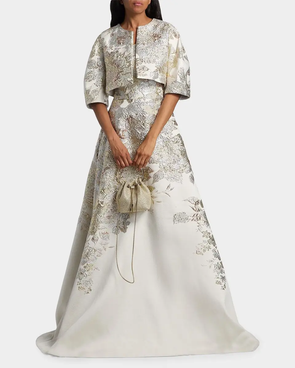 Rickie Freeman for Teri Jon Lantern-Sleeve Metallic Jacquard Bolero | Thumbnail 2