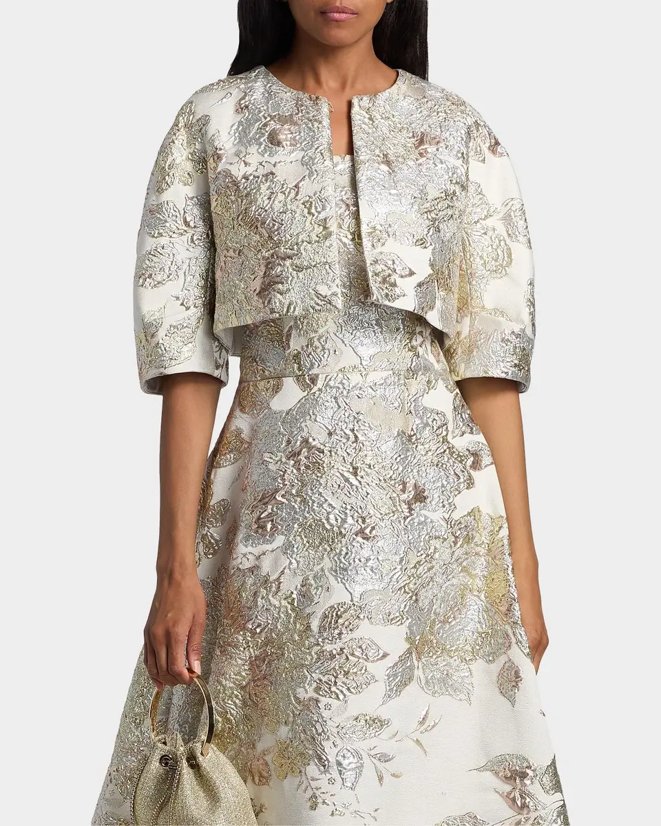 Rickie Freeman for Teri Jon Lantern-Sleeve Metallic Jacquard Bolero | Thumbnail 4