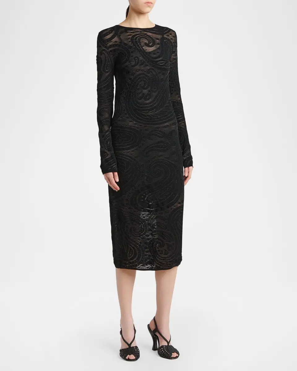 Etro Sheer Paisley Knit Long-Sleeve Midi Dress | Thumbnail 4