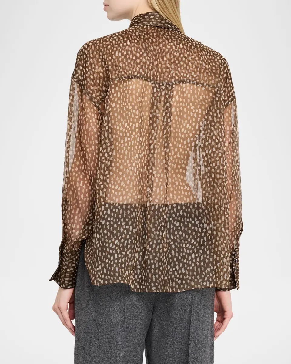 Brunello Cucinelli Pois-Lier Print Long-Sleeve Silk Blouse | Thumbnail 3