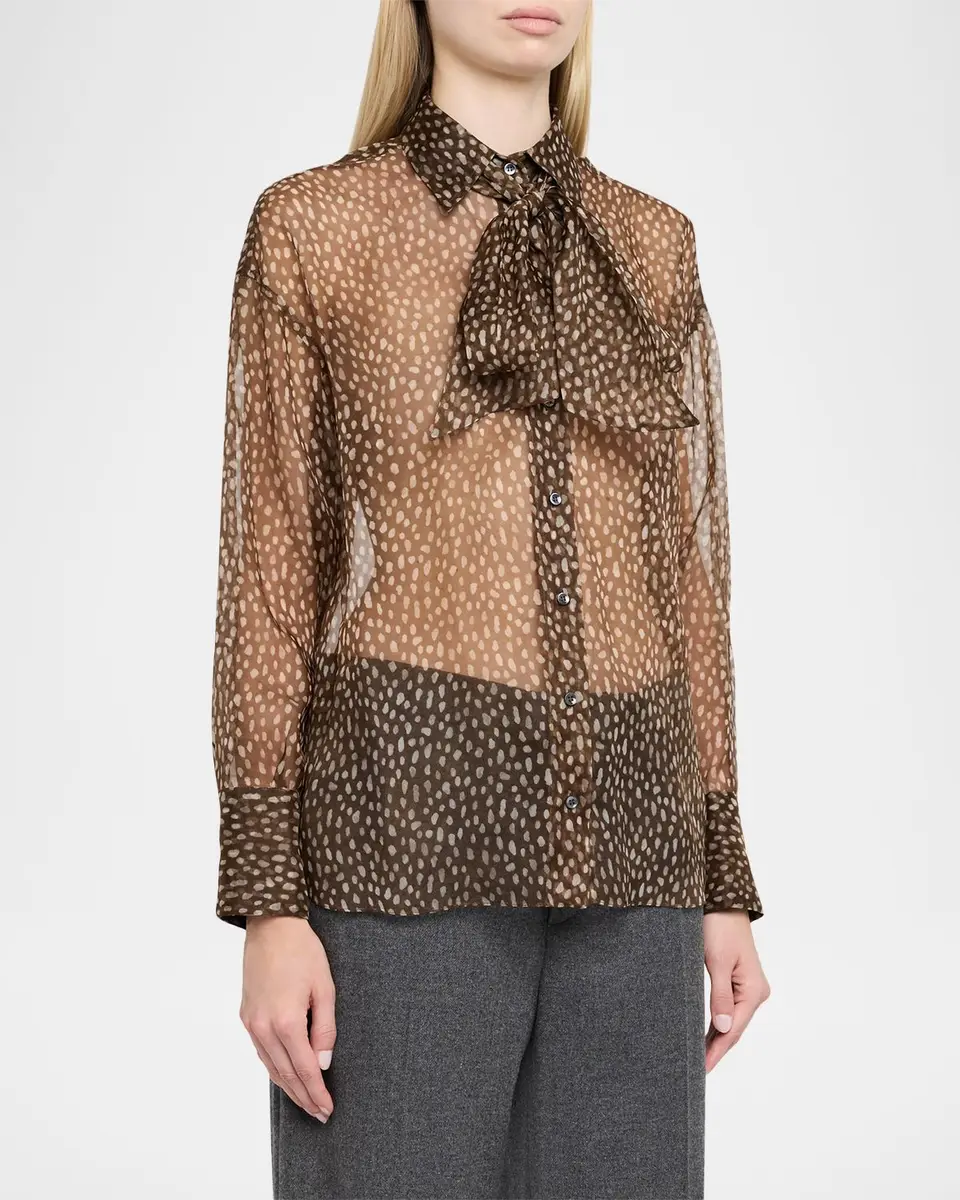 Brunello Cucinelli Pois-Lier Print Long-Sleeve Silk Blouse | Thumbnail 4