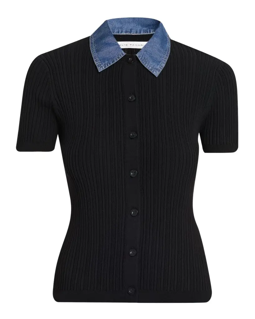 Elie Tahari July Remington Denim Collar Short-Sleeve Sweater | Image 1 Elie Tahari July Remington Denim Collar Short-Sleeve Sweater | Image 1