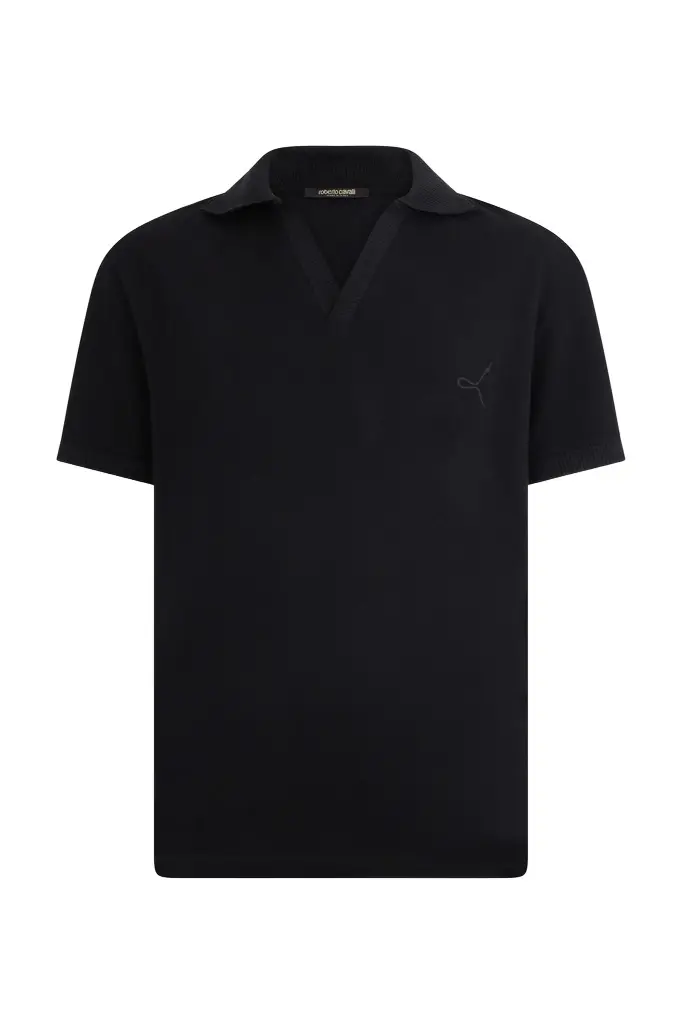 Roberto Cavalli Black Polo Shirt With V Neck | Image 1 Roberto Cavalli Black Polo Shirt With V Neck | Image 1