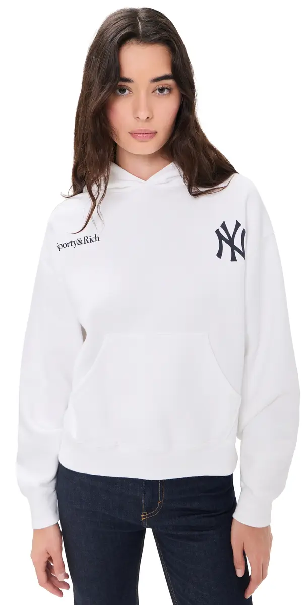 Sporty & Rich Yankees Curve Hoodie White/Dark Navy | Image 1 Sporty & Rich Yankees Curve Hoodie White/Dark Navy | Image 1