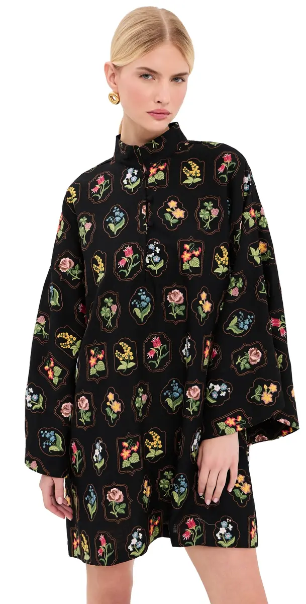 La Vie Style House Embroidered Garden Mini Caftan Black & Multi One Size | Image 1 La Vie Style House Embroidered Garden Mini Caftan Black & Multi One Size | Image 1