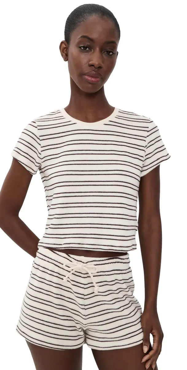 perfectwhitetee Eve Loop Terry tripe Short Sleeve Shirt Natural/Chocolate tripe | Image 1 perfectwhitetee Eve Loop Terry tripe Short Sleeve Shirt Natural/Chocolate tripe | Image 1
