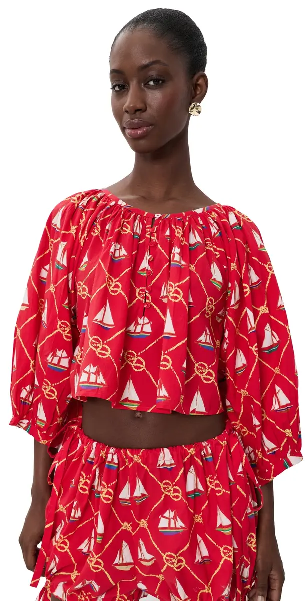 Coniglio Palm Beach Cropped Shirred Half Placket Blouse SAILING KNOTS CAPTAIN RED One Size | Image 1 Coniglio Palm Beach Cropped Shirred Half Placket Blouse SAILING KNOTS CAPTAIN RED One Size | Image 1