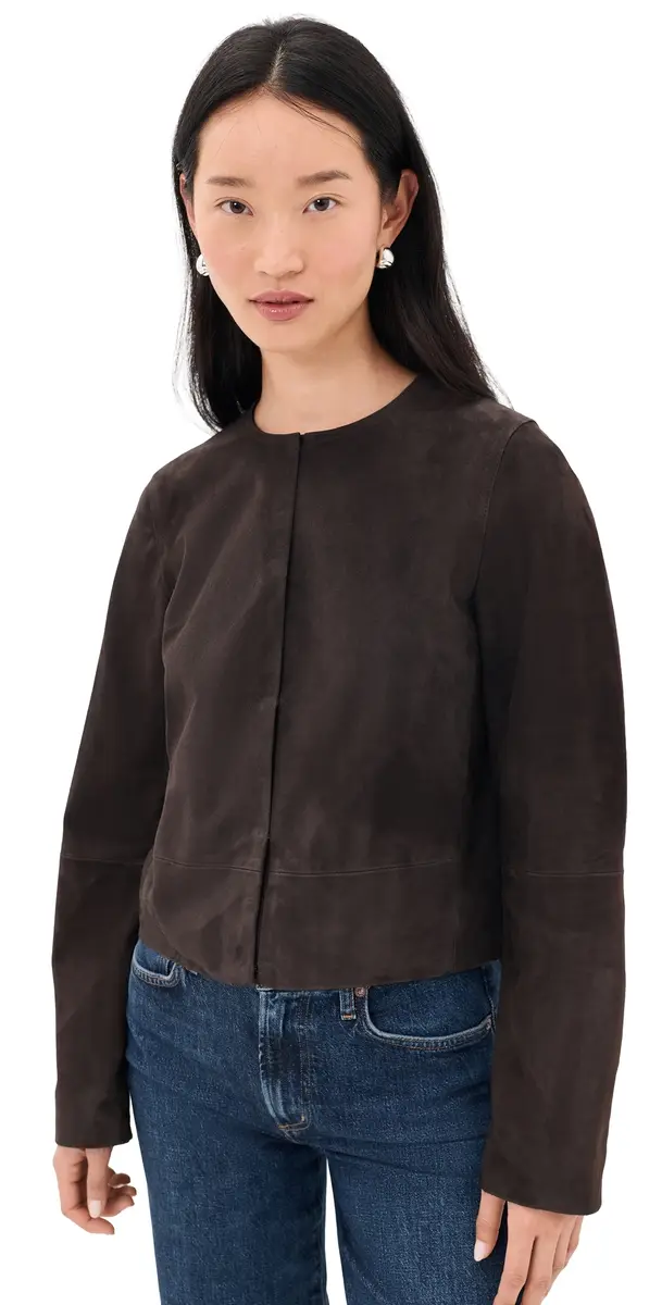 Vince Collarless Cropped Suede Jacket Iron | Image 1 Vince Collarless Cropped Suede Jacket Iron | Image 1