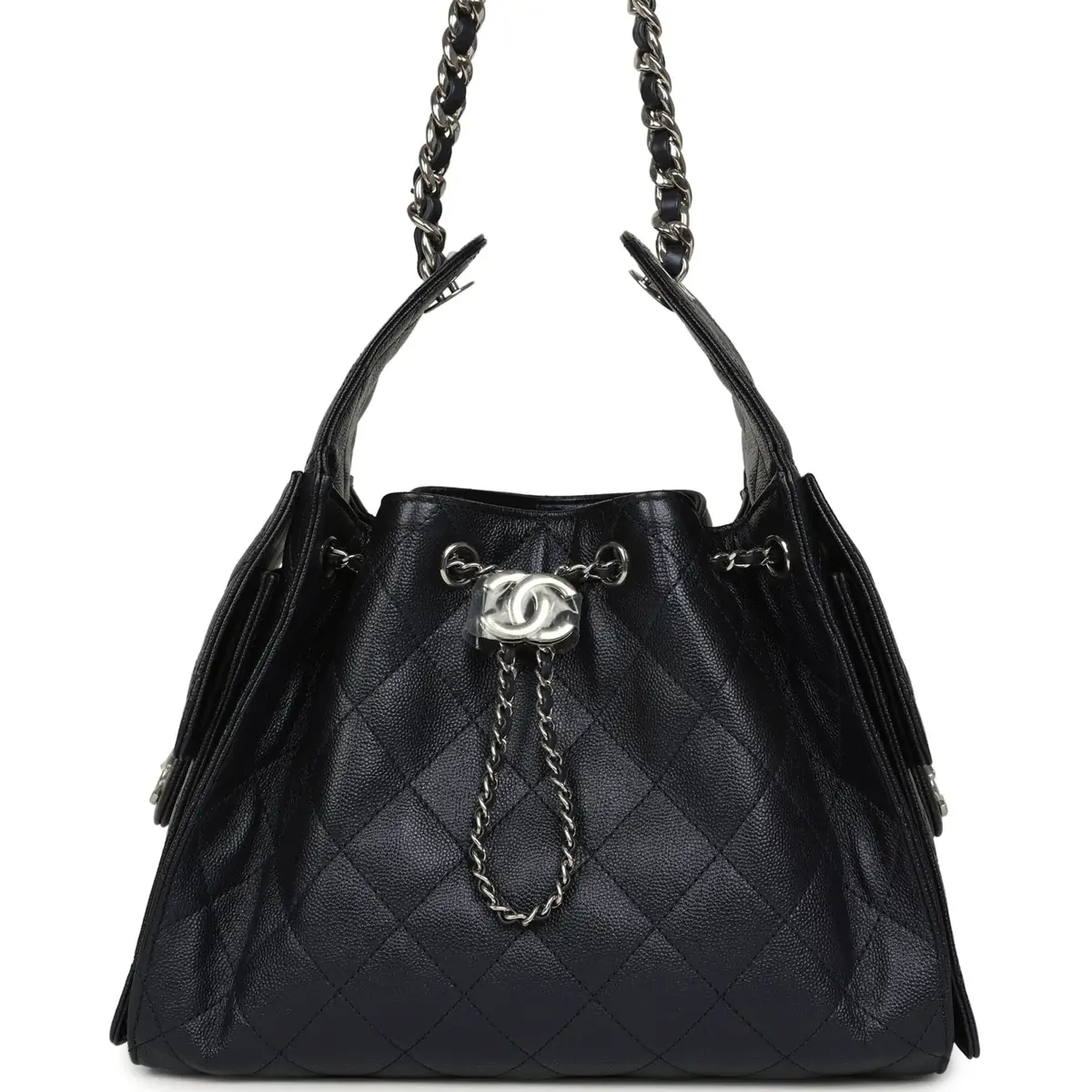 Chanel Small 25 Hobo Bag Dark Blue Metallic Caviar Silver Hardware