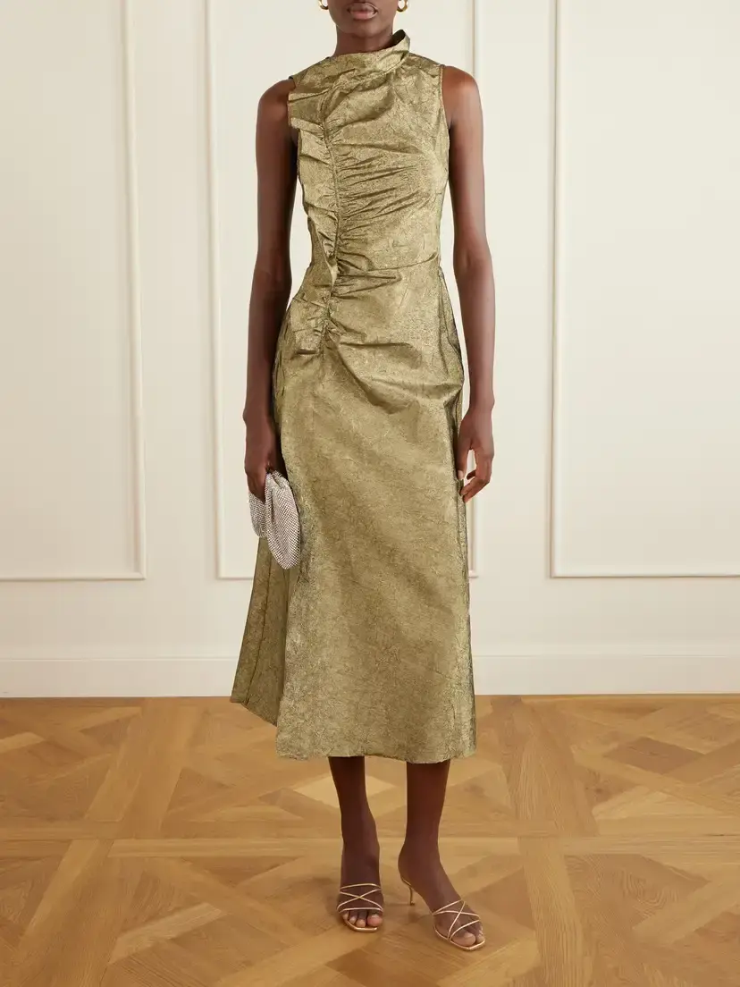 Ulla Johnson Demetria Asymmetric Ruffled Metallic Taffeta Midi Dress | Thumbnail 2 Ulla Johnson Demetria Asymmetric Ruffled Metallic Taffeta Midi Dress | Thumbnail 2