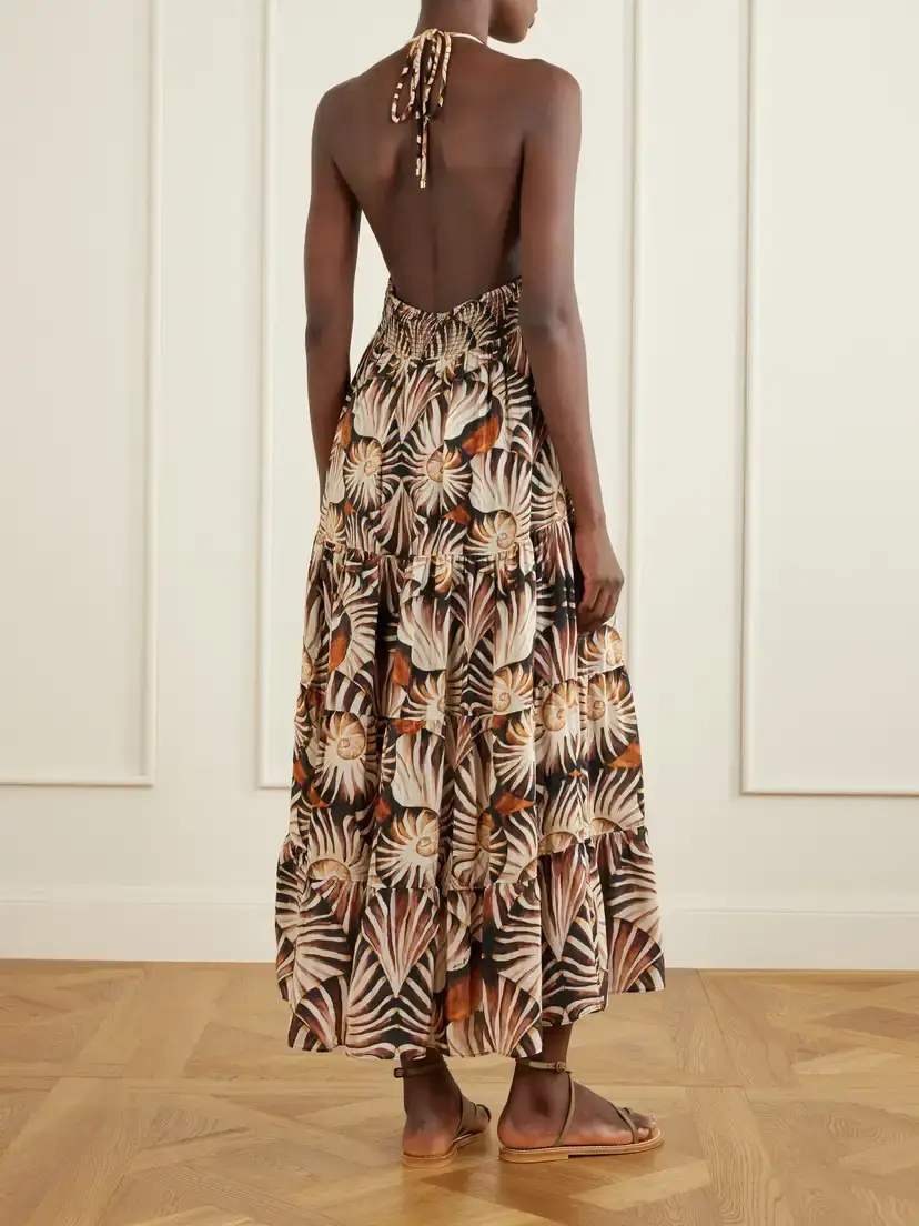 Farm Rio Embellished Printed Shirred Tiered Georgette Halterneck Midi Dress | Thumbnail 3 Farm Rio Embellished Printed Shirred Tiered Georgette Halterneck Midi Dress | Thumbnail 3