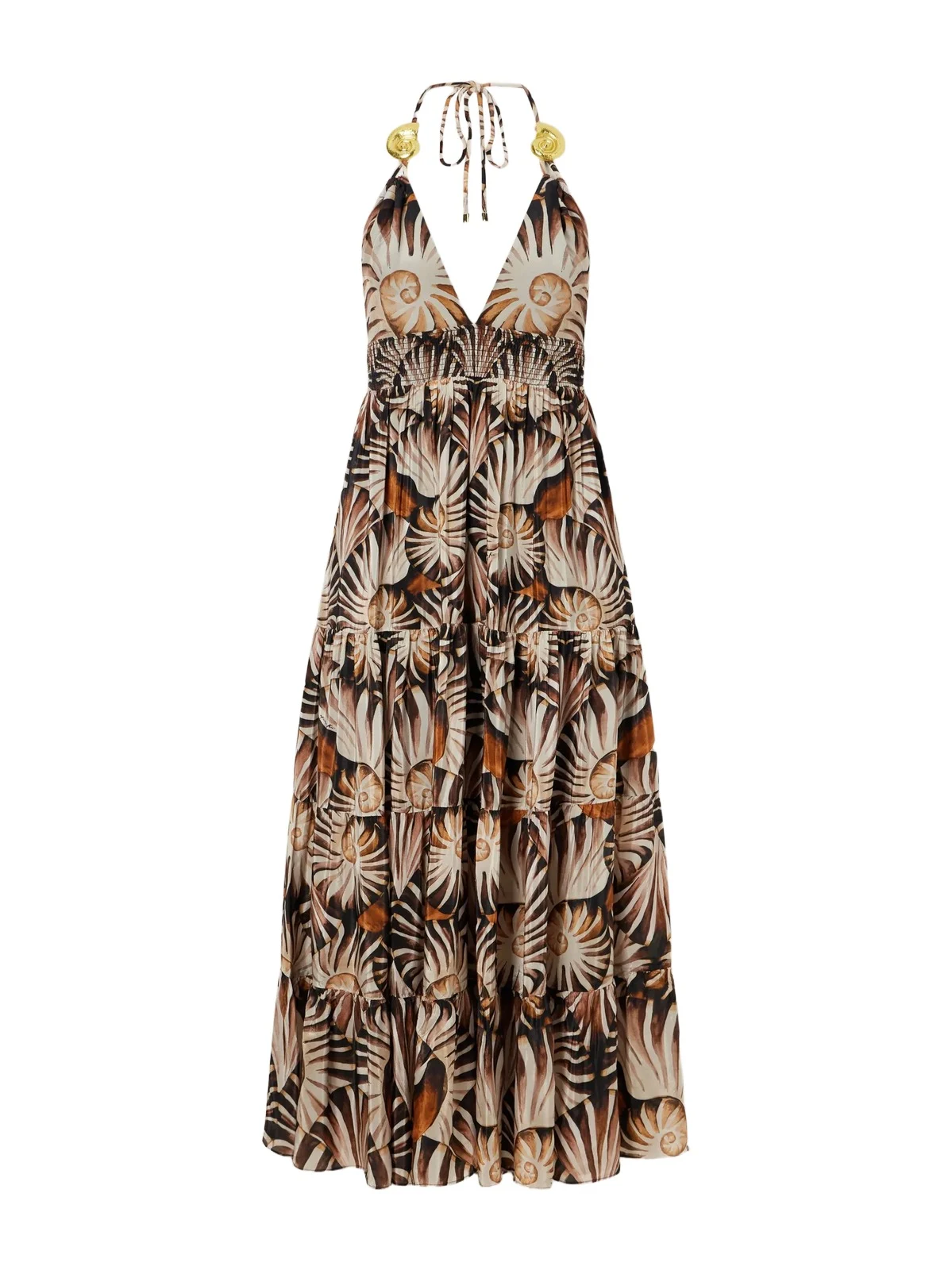 Embellished Printed Shirred Tiered Georgette Halterneck Midi Dress Embellished Printed Shirred Tiered Georgette Halterneck Midi Dress