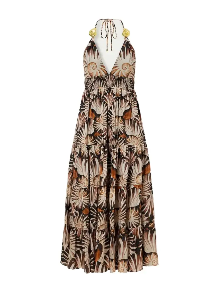 Embellished Printed Shirred Tiered Georgette Halterneck Midi Dress Embellished Printed Shirred Tiered Georgette Halterneck Midi Dress