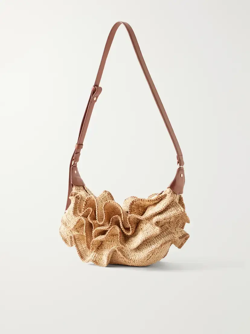 Zimmermann Goldentime Ruffled Leather-trimmed Raffia Shoulder Bag | Thumbnail 4