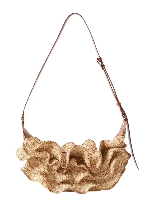 Goldentime Ruffled Leather-trimmed Raffia Shoulder Bag