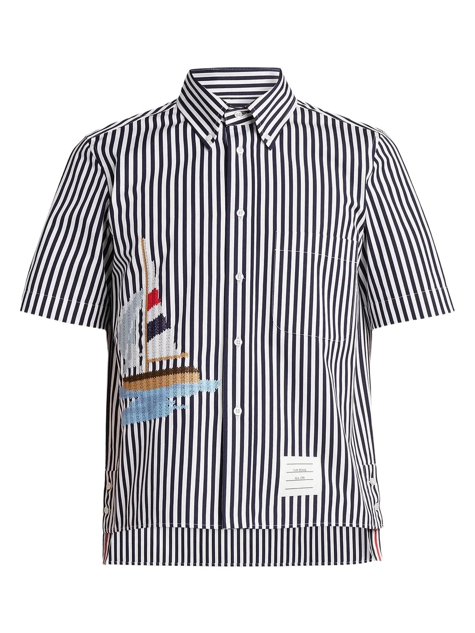 Thom Browne Men's Sailboat-Embroidered Uni Wide Striped Poplin Shirt
