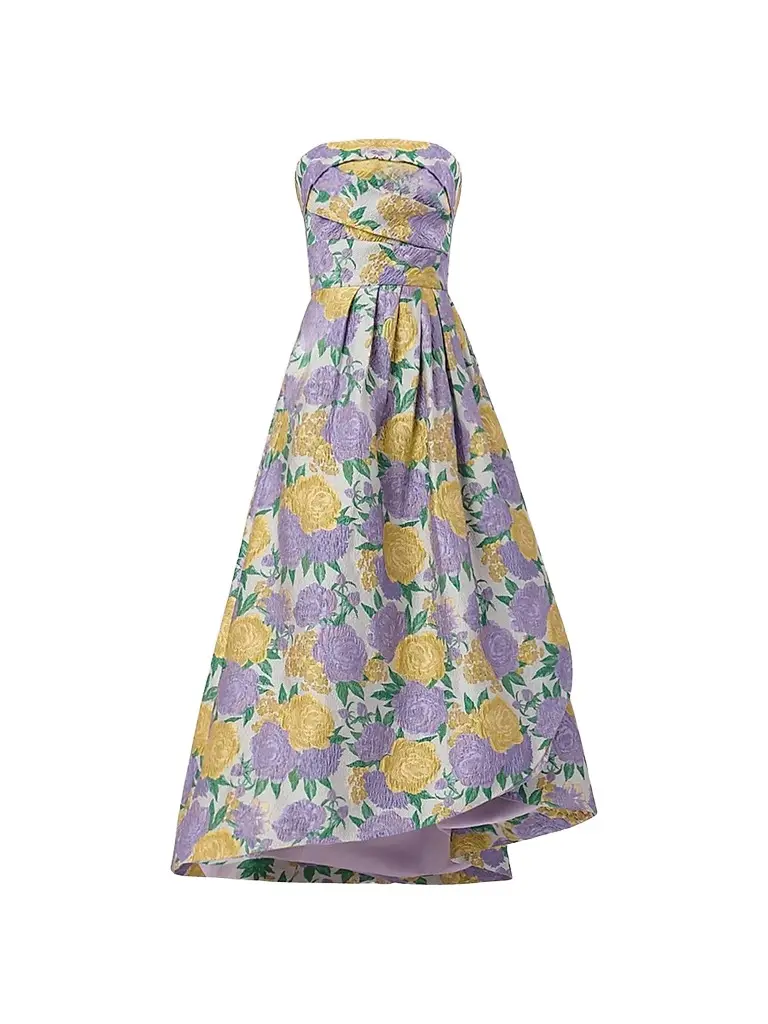 Shoshanna Women's Carlisle Pleated Floral Jacquard Strapless Maxi Dress - Lavender Multi | Image 1 Shoshanna Women's Carlisle Pleated Floral Jacquard Strapless Maxi Dress - Lavender Multi | Image 1
