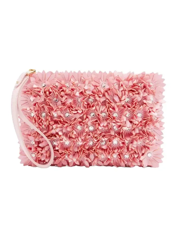 Embellished floral-appliqué satin pouch Embellished floral-appliqué satin pouch