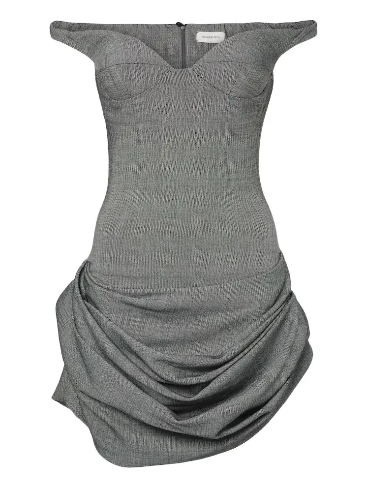 Off-shoulder herringbone wool-blend minidress