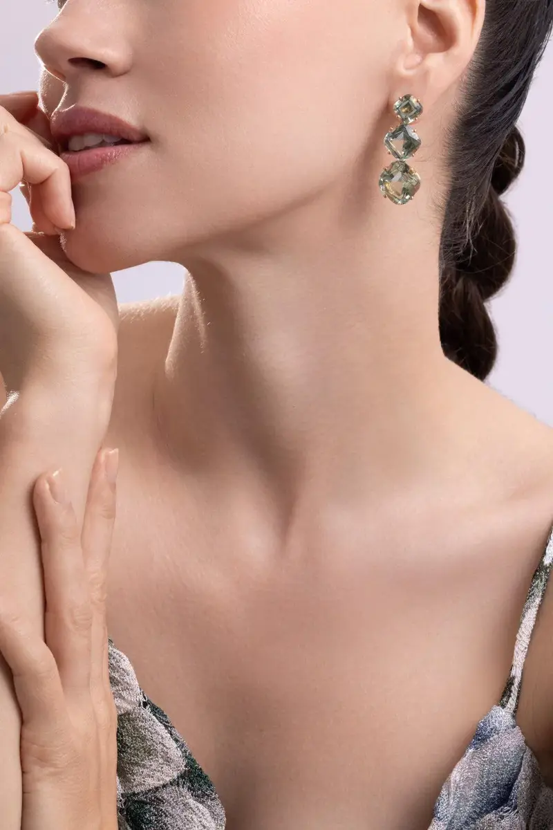 GOSHWARA Prasiolite Cushion Three Stone Gossip Earrings | Thumbnail 3