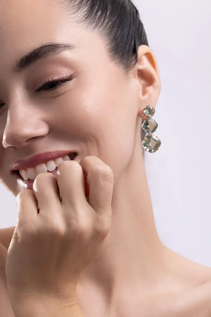 GOSHWARA Prasiolite Cushion Three Stone Gossip Earrings | Thumbnail 4