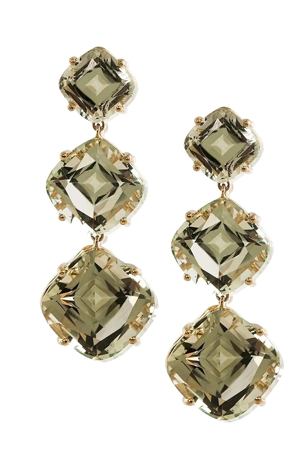 Prasiolite Cushion Three Stone Gossip Earrings Prasiolite Cushion Three Stone Gossip Earrings