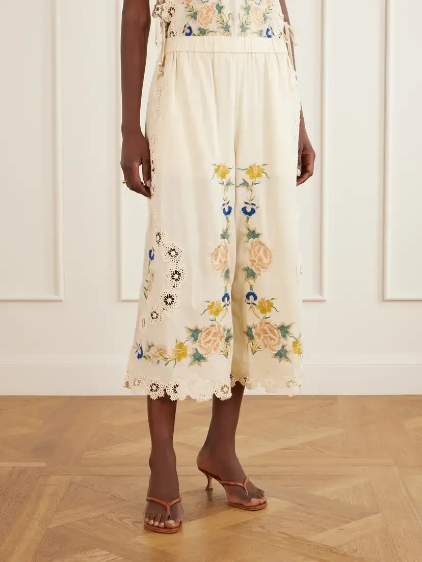 Sea Addona Floral-embroidered Broderie Anglaise-trimmed Cotton Wide-leg Pants | Thumbnail 3