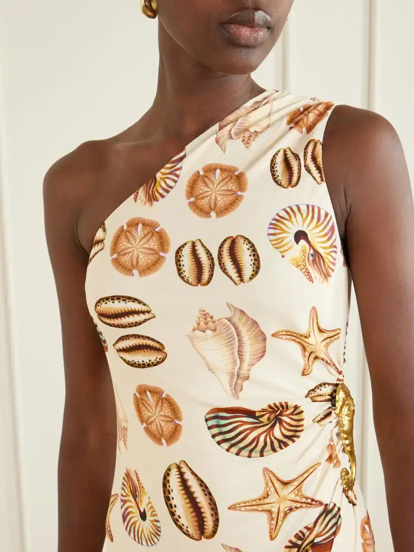 Farm Rio Embellished Gathered One-shoulder Printed Woven Midi Dress | Thumbnail 4 Farm Rio Embellished Gathered One-shoulder Printed Woven Midi Dress | Thumbnail 4